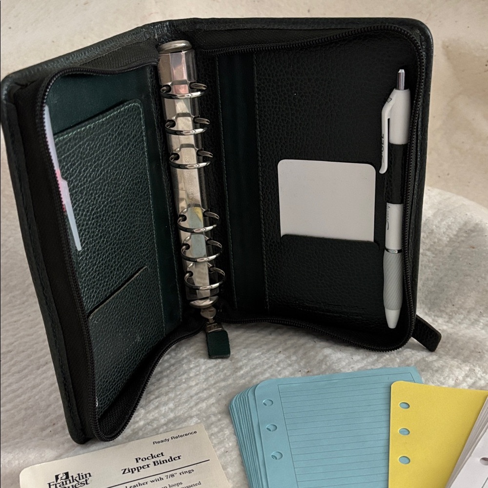 Analog: Franklin Quest All Leather Pocket Zipper Binder +Extras ; Made in USA